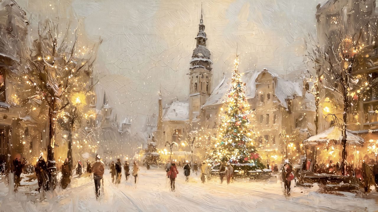 Christmas Frame TV Art, Vintage Holiday Oil Painting (Christmas Market Town Square)