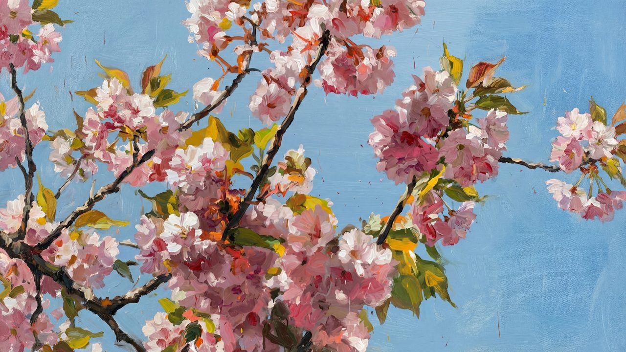 Spring Frame TV Art, Vintage Floral Landscape Oil Painting (Cherry Blossoms on Blue Sky)