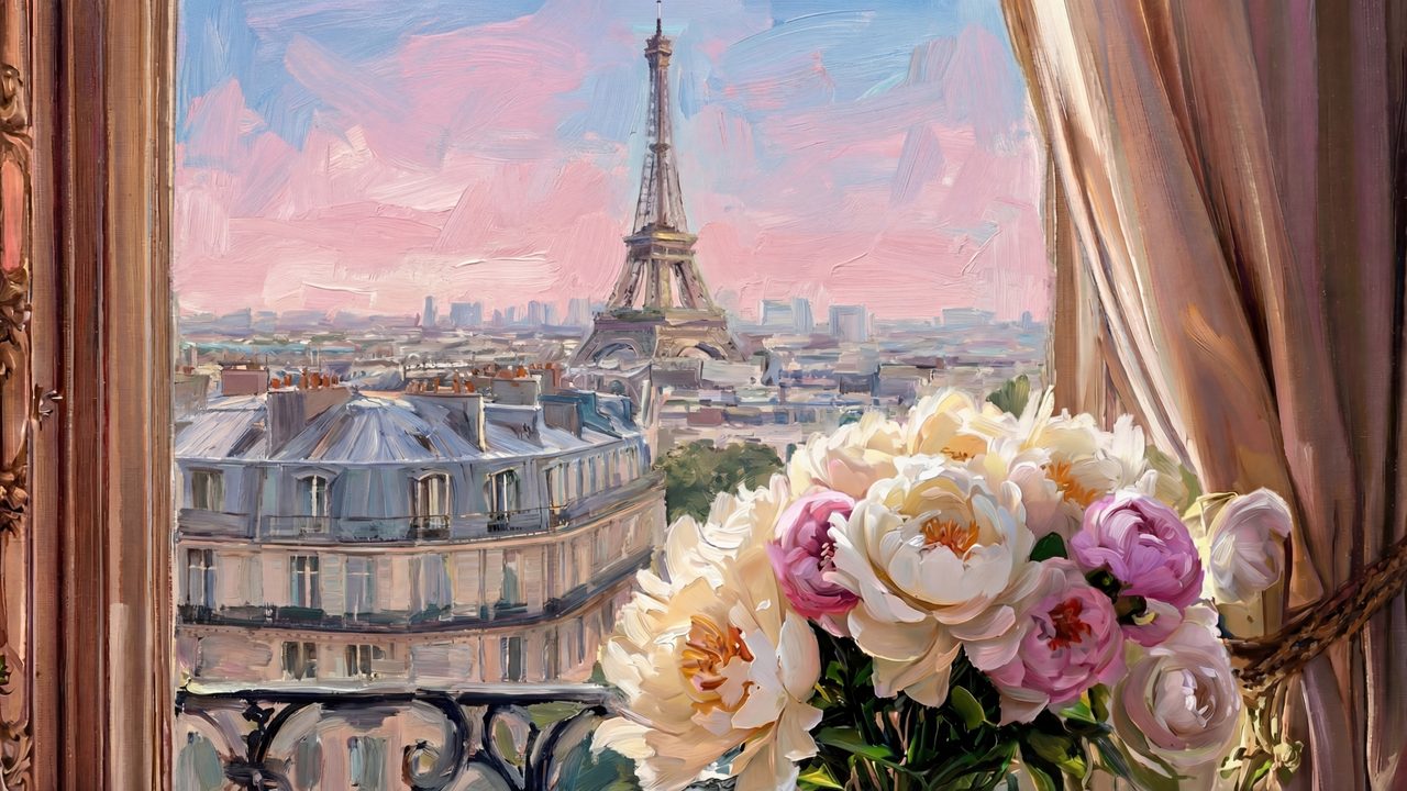 Valentine Frame TV Art, Romantic Vintage Oil Painting (Peonies by Paris Window)