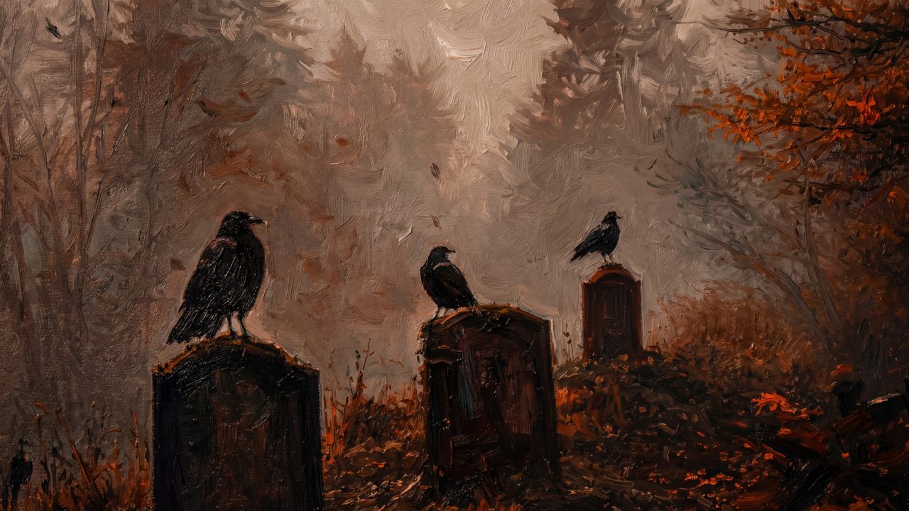 Halloween Frame TV Art, Vintage Moody Oil Painting (Crows on Gravestones)