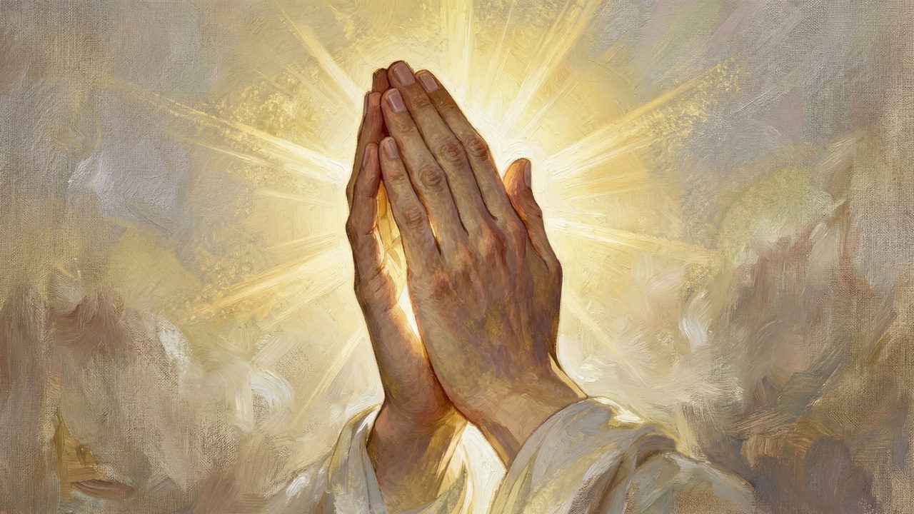 Praying Hands TV Art, Divine Light Christian Oil Painting, Spiritual Faith Samsung Frame TV Art