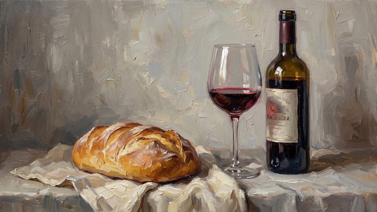 Bread and Wine Samsung Frame TV Art, Christian Religious Still Life Painting, Last Supper Elements, Spiritual TV Art, 4K
