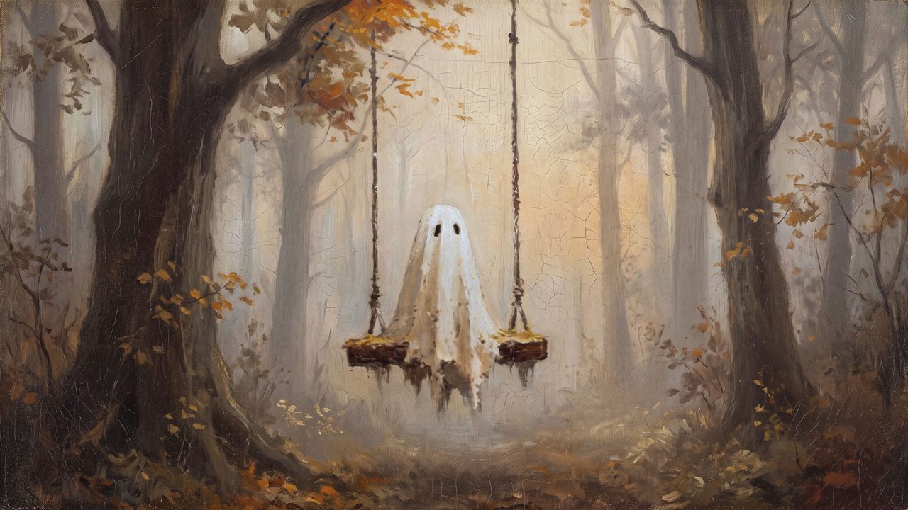 Halloween Frame TV Art, Vintage Moody Oil Painting (Ghost on Forest Swing)