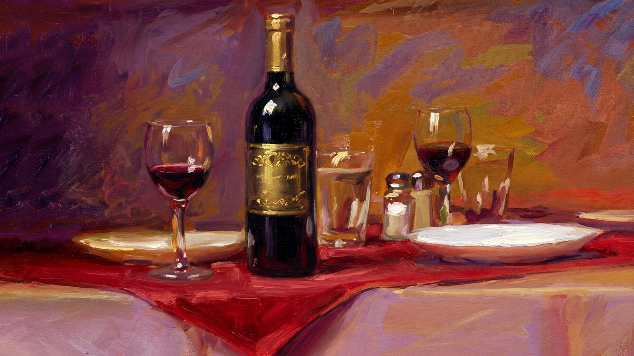 Romantic Wine Dinner Samsung Frame TV Art, Modern Impressionist Still Life, Red Wine Bottle and Glasses Oil Painting