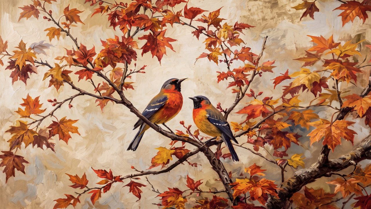 Fall Frame TV Art, Vintage Autumn Oil Painting (Birds on Maple Branch)