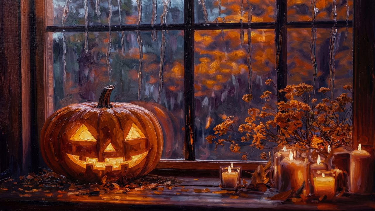 Halloween Frame TV Art, Vintage Moody Oil Painting (Jack-o-Lantern by Window)