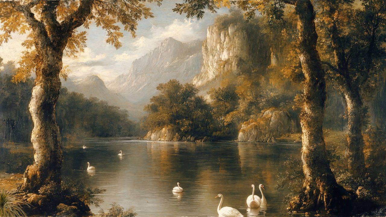 Fall Frame TV Art, Vintage Autumn Oil Painting (Swans on Mountain Lake)