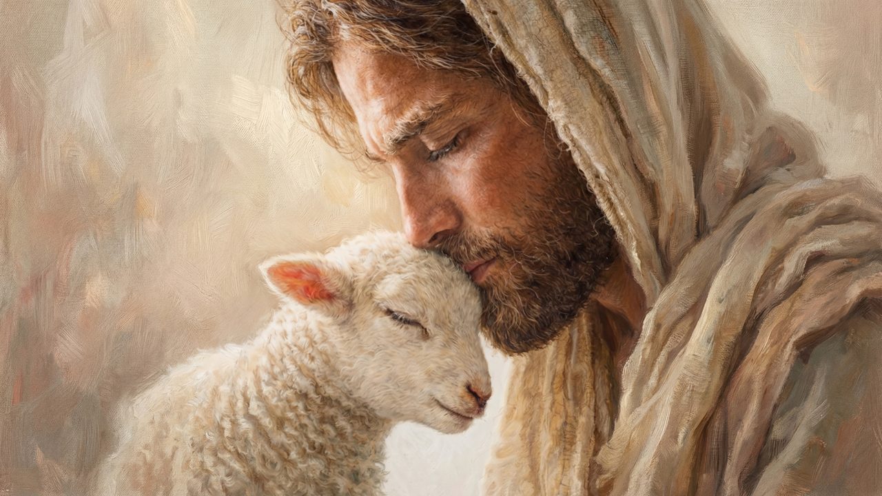 Christian Frame TV Art, Jesus Religious Oil Painting (Jesus Cradling Lamb)