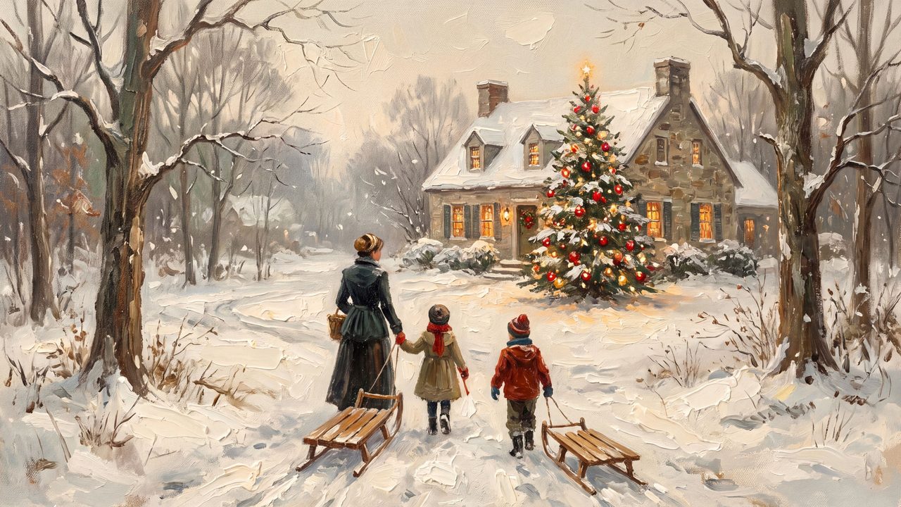 Christmas Frame TV Art, Vintage Holiday Oil Painting (Mother and Children with Sleds)