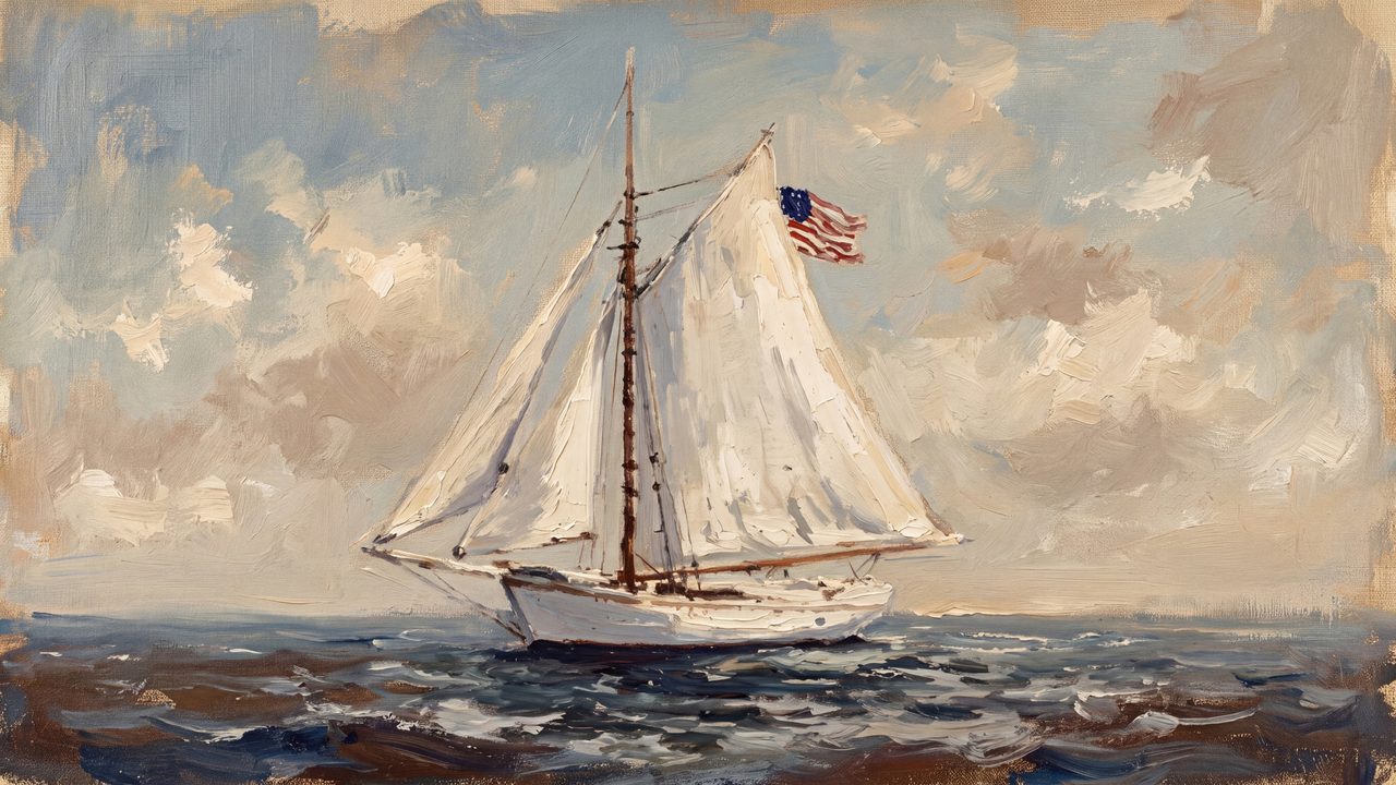 4th of July Frame TV Art, Patriotic American Oil Painting (Sailboat with American Flag)