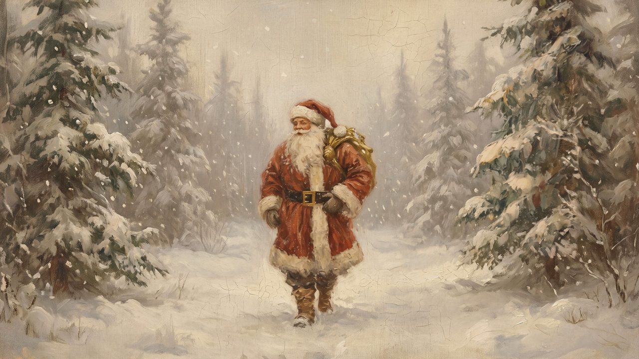 Christmas Frame TV Art, Vintage Holiday Oil Painting (Santa Walking Through Pines)