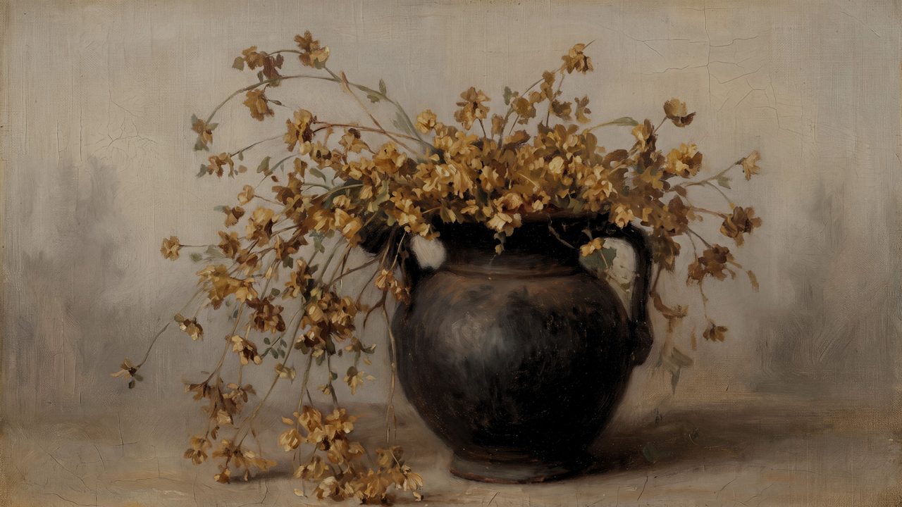 Fall Frame TV Art, Vintage Autumn Oil Painting (Dried Flowers in Black Jug)