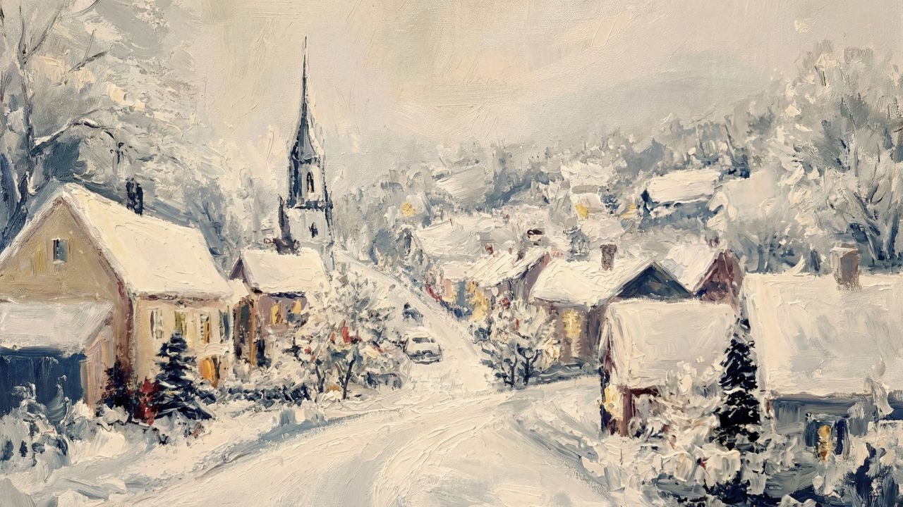 Christmas Frame TV Art, Vintage Holiday Oil Painting (Snowy Village Hillside)
