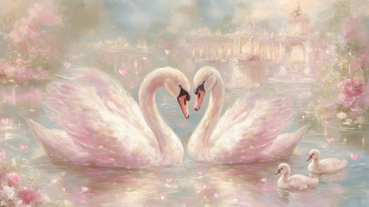 Romantic Pink Swans Samsung Frame TV Art, Dreamy Fairytale Lake, Vintage Oil Painting, Valentine's Day Nursery Decor