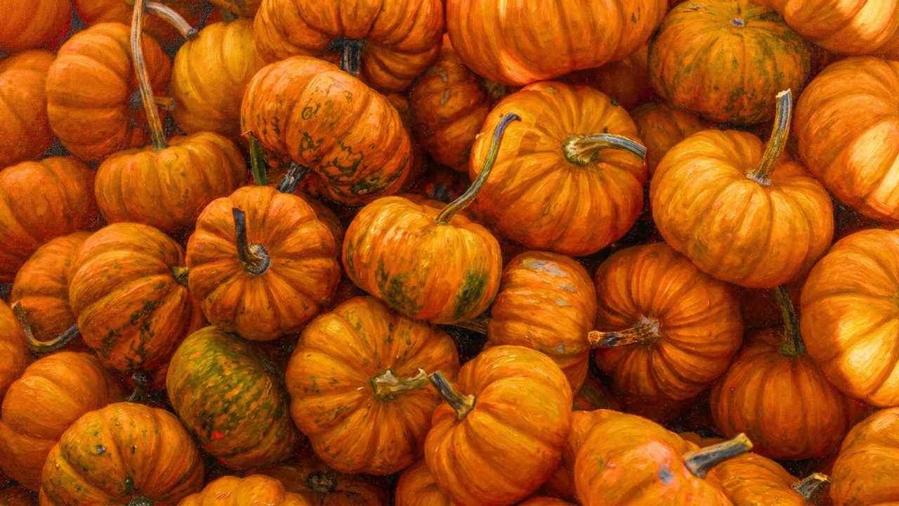 Fall Frame TV Art, Vintage Autumn Oil Painting (Pile of Orange Pumpkins)