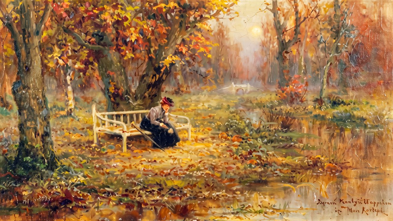 Fall Frame TV Art, Vintage Autumn Oil Painting (Woman on Bench in Autumn Park)