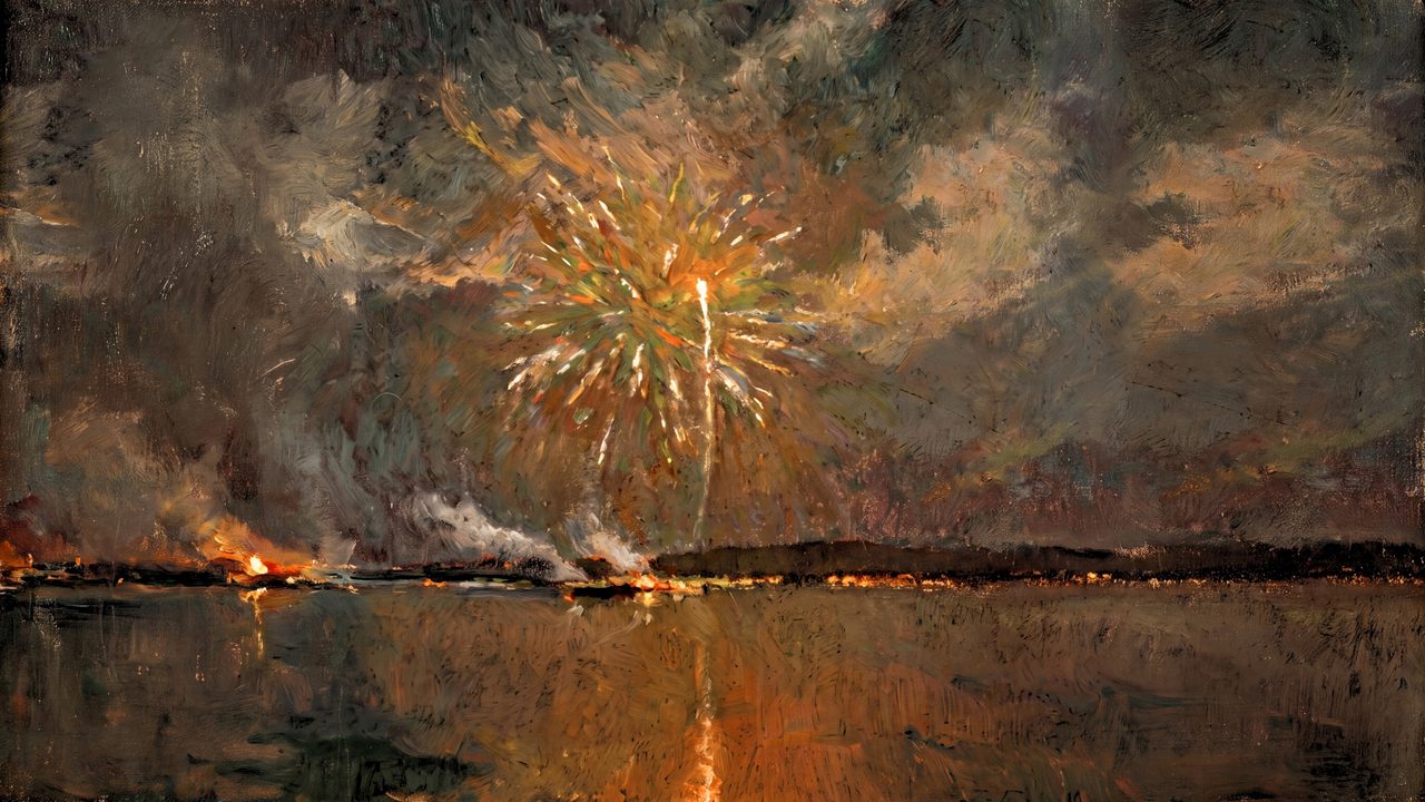 New Year Frame TV Art, Festive Celebration TV Background (Fireworks over Dark Lake)
