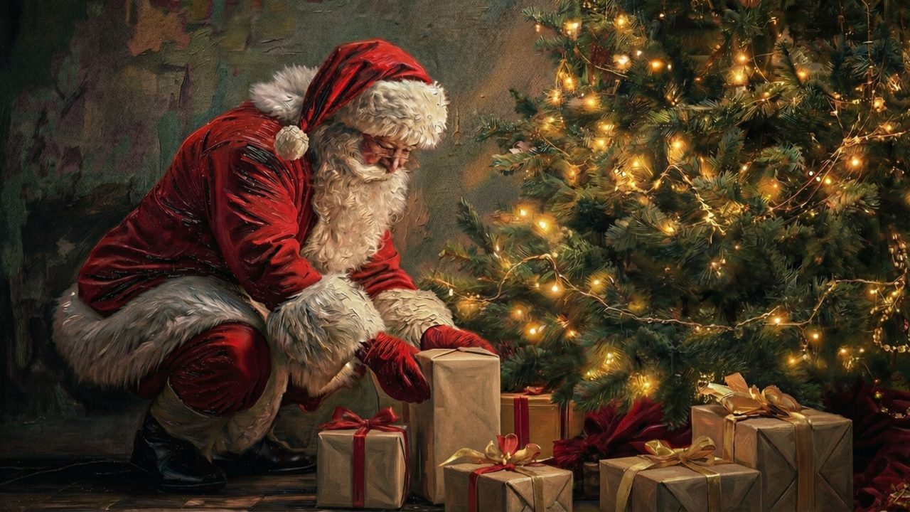Samsung Frame TV Art Christmas Santa Putting Gifts • Vintage Christmas Tree Painting • Cozy Holiday Decor • Classic