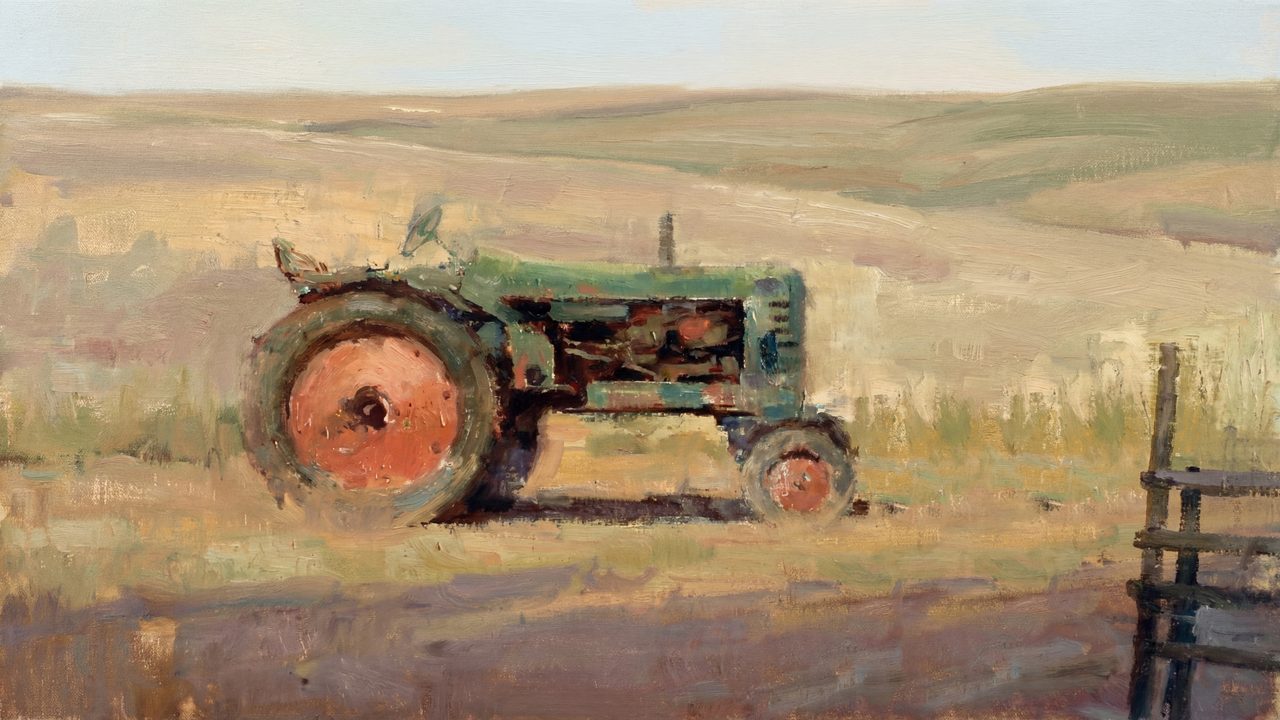 Vintage Frame TV Art, Antique Landscape Oil Painting (Green Tractor in Field)