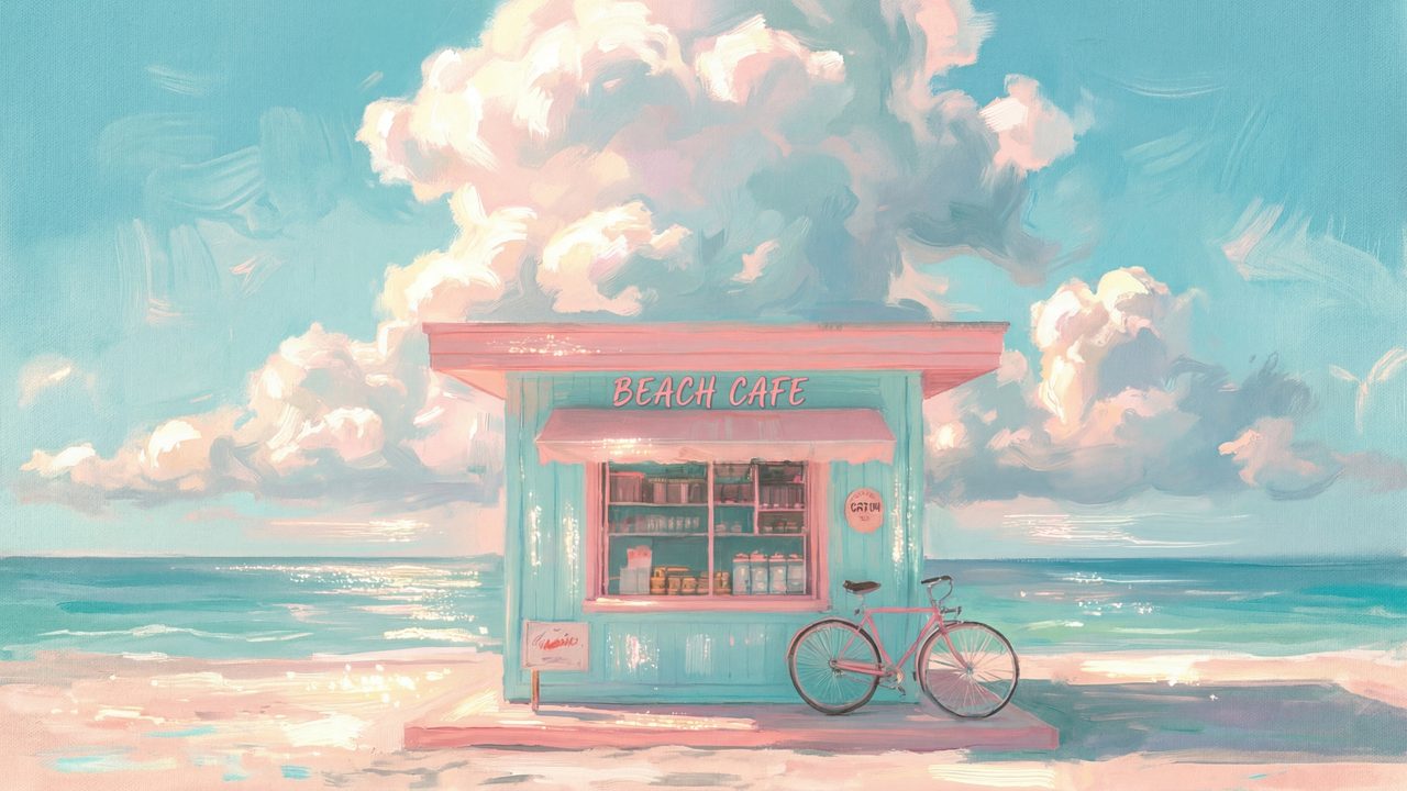 Summer Frame TV Art, Coastal Beach Oil Painting (Beach Shack with Bicycle)