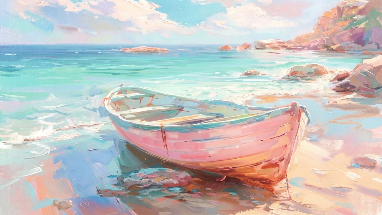 Summer Frame TV Art, Coastal Beach Oil Painting (Pink Rowboat on Beach)