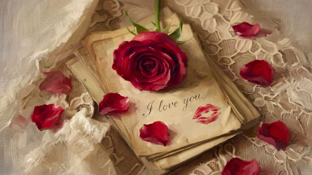 Valentine Frame TV Art, Romantic Vintage Oil Painting (Red Rose on Love Letters)