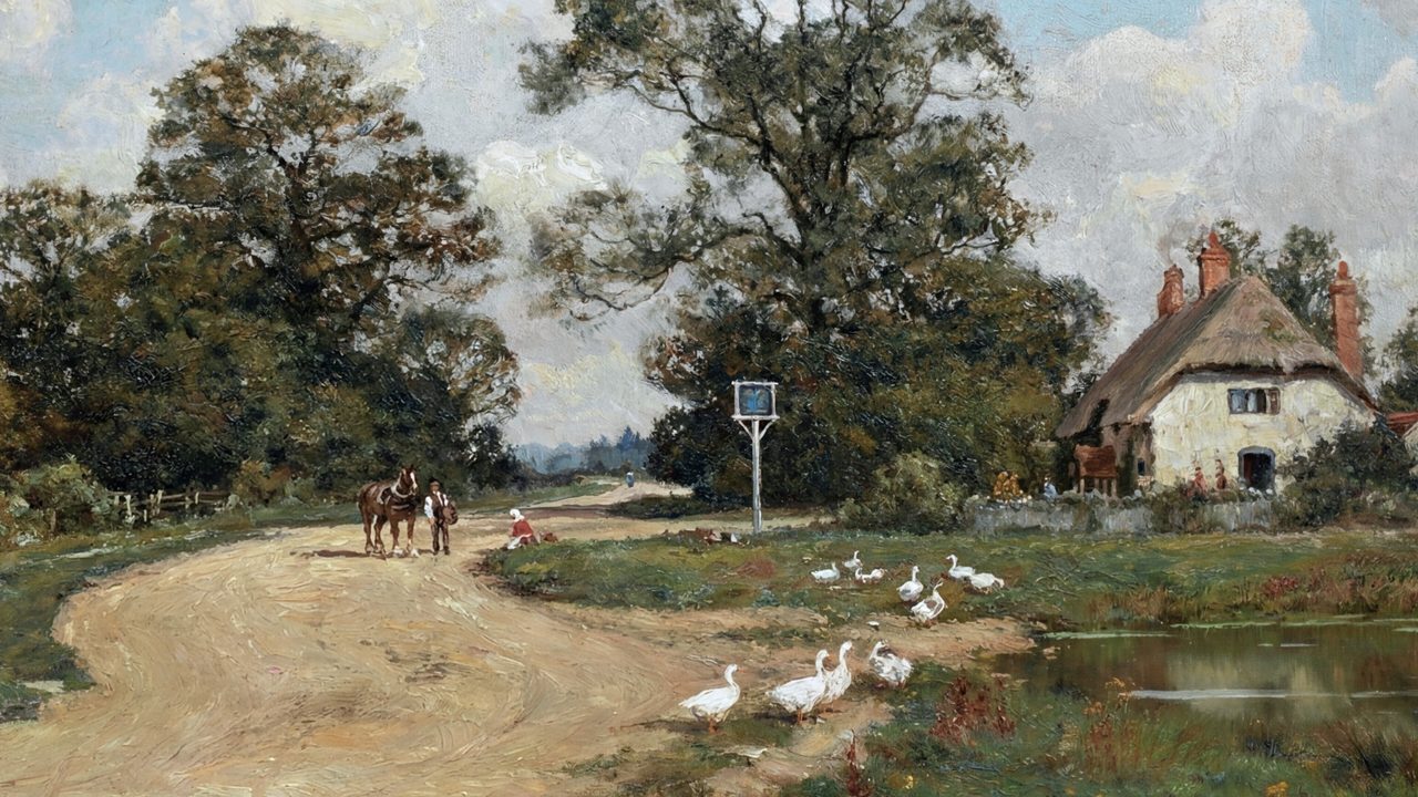Vintage Frame TV Art, Antique Landscape Oil Painting (Thatched Cottage with Geese)