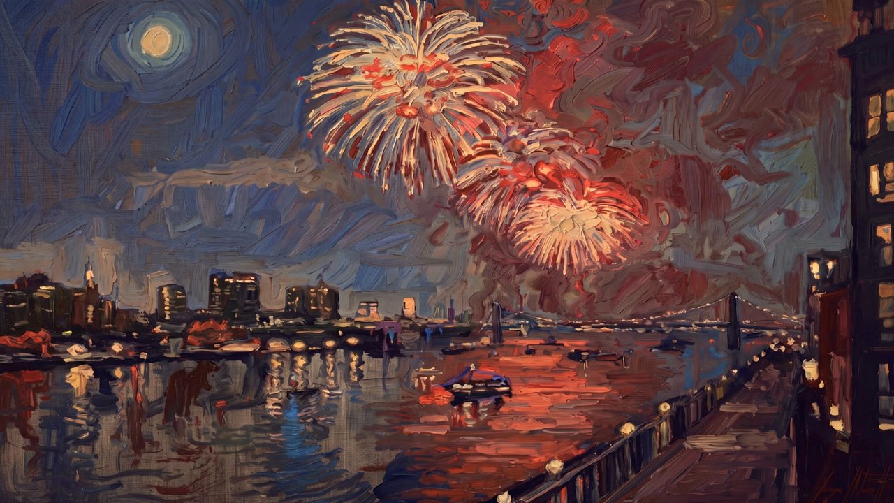 4th of July Frame TV Art, Patriotic American Oil Painting (Fireworks over City Harbor 2)