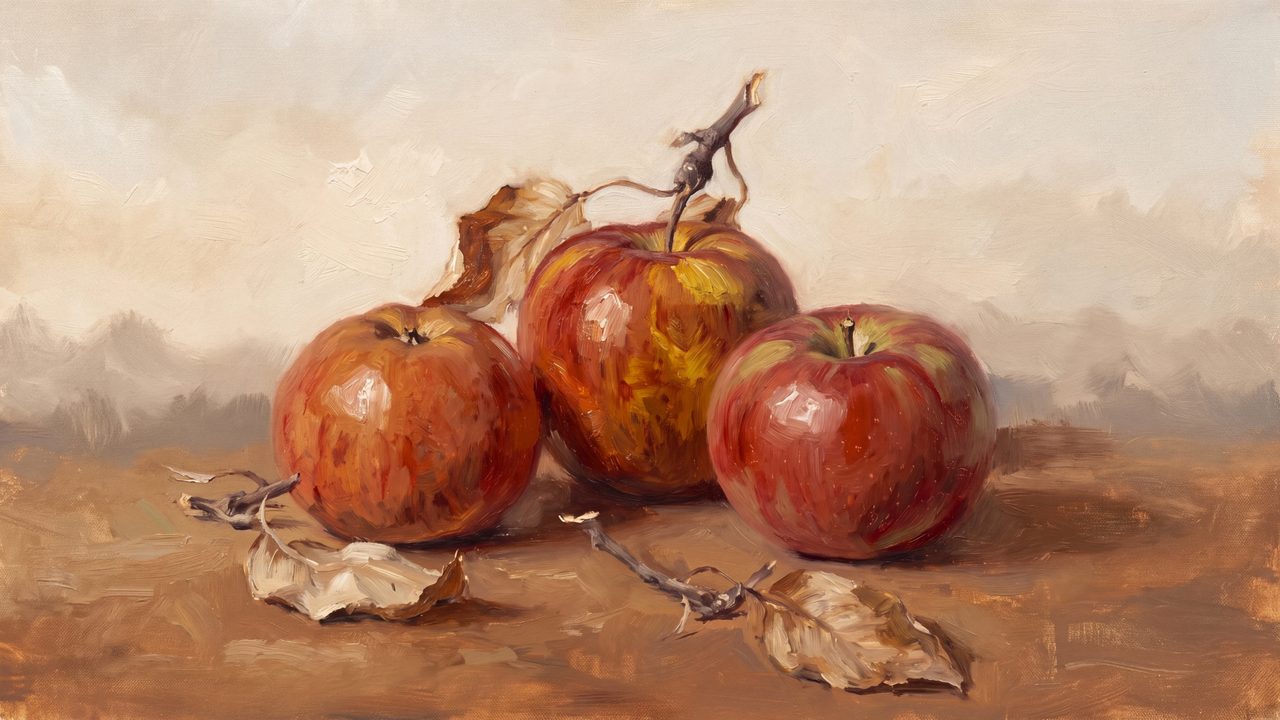 Fall Frame TV Art, Vintage Autumn Oil Painting (Red Apples with Dry Leaves)