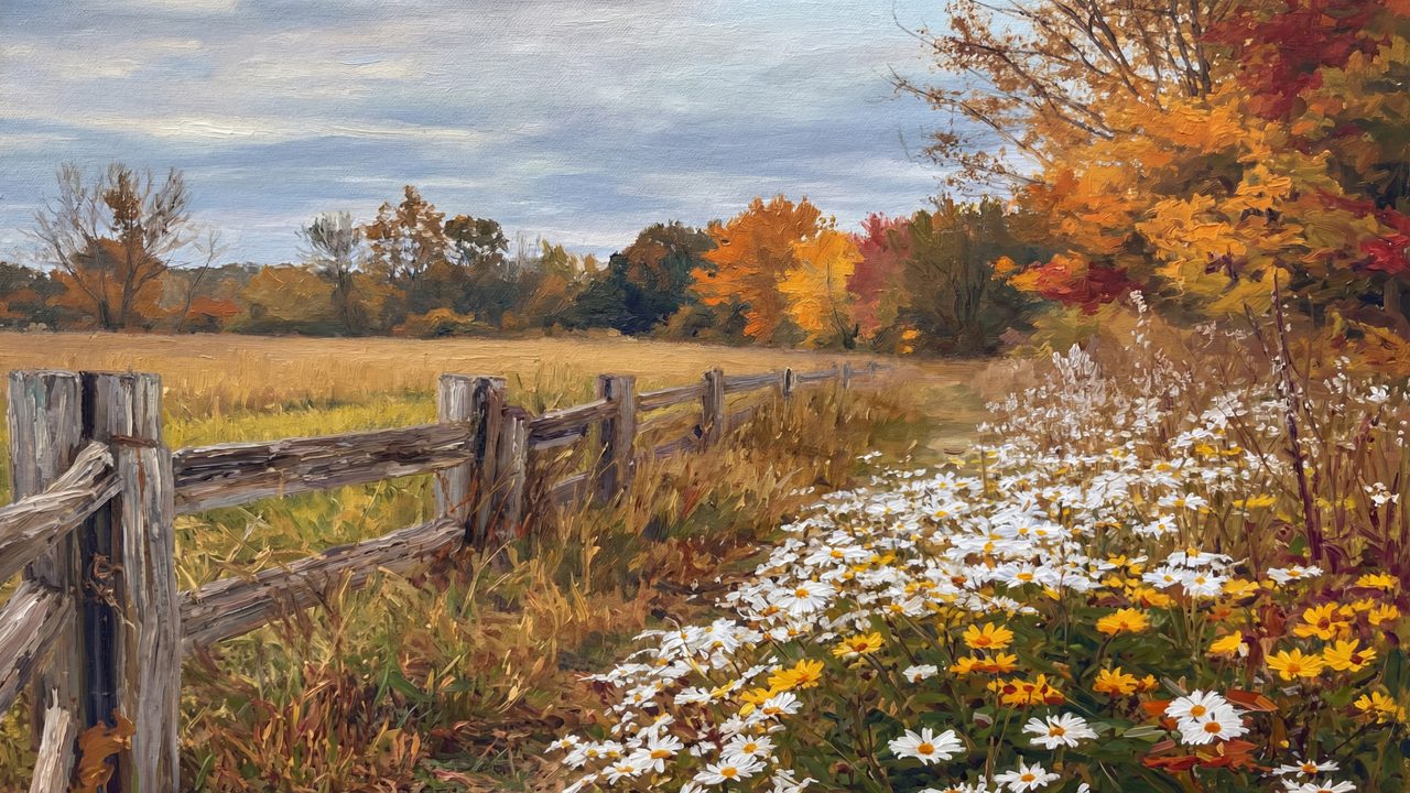 Fall Frame TV Art, Vintage Autumn Oil Painting (Fence and Daisies in Autumn)