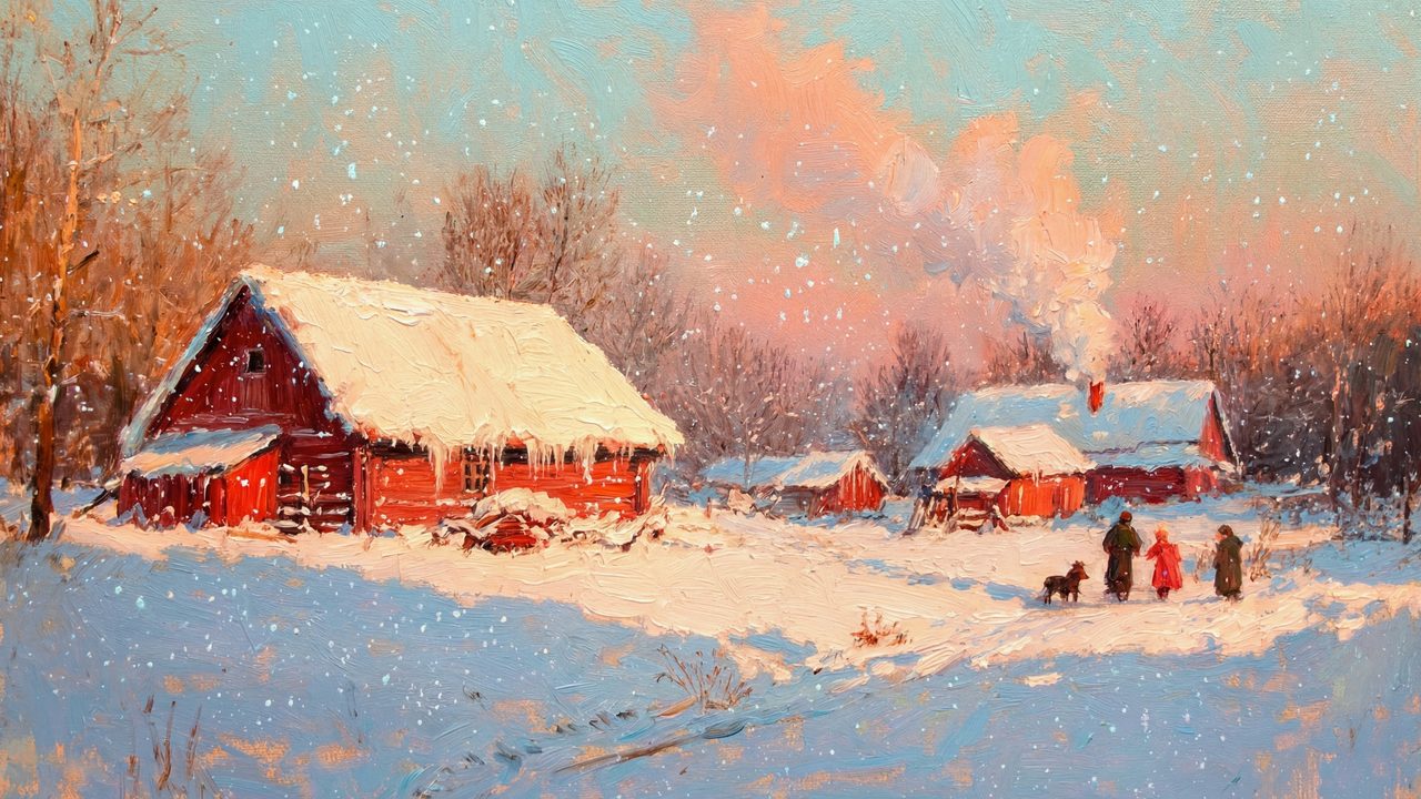 Christmas Frame TV Art, Vintage Holiday Oil Painting (Red Farmhouse in Snow)