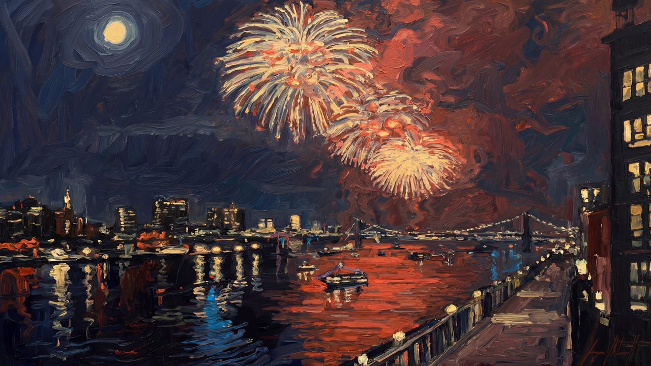 4th of July Frame TV Art, Patriotic American Oil Painting (Fireworks over City Harbor)