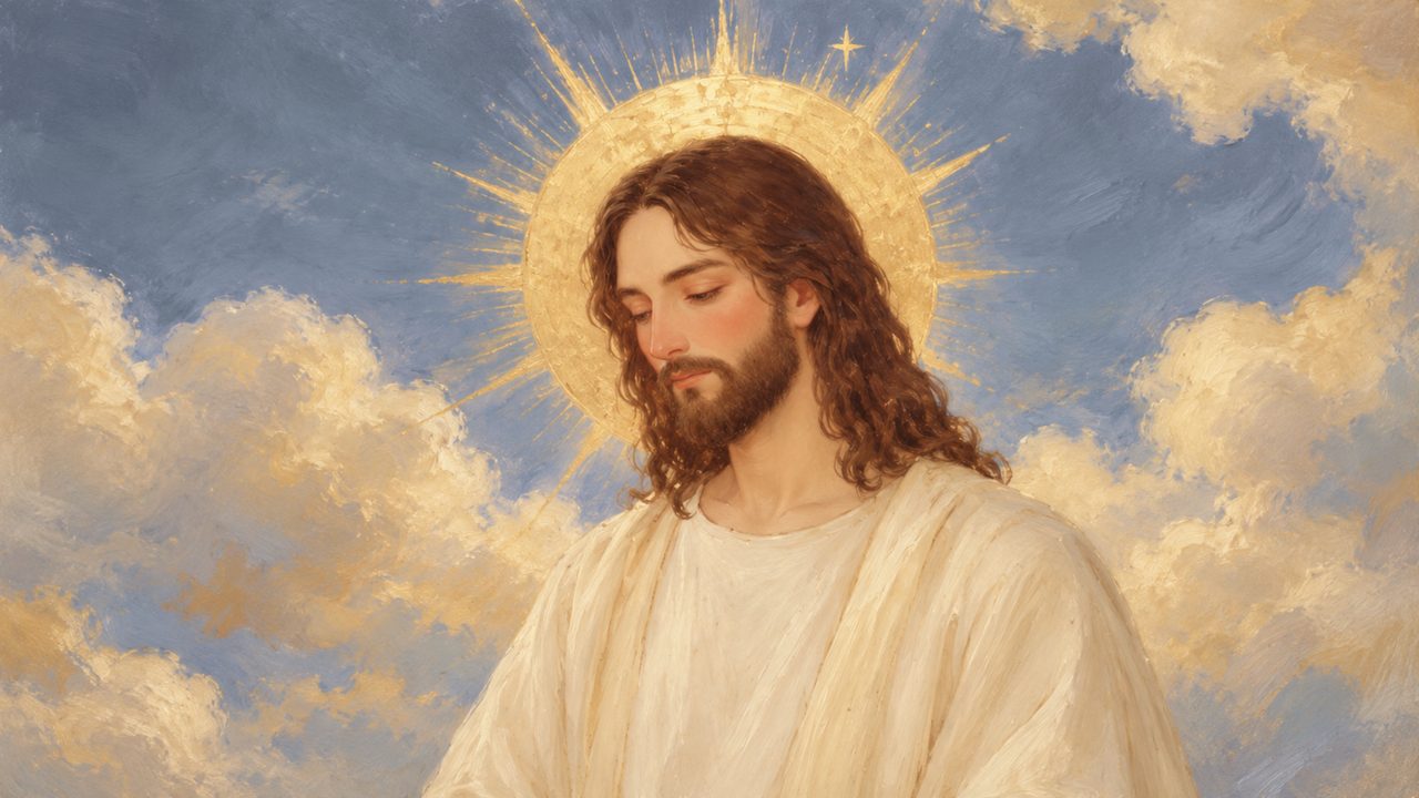 Christian Frame TV Art, Jesus Religious Oil Painting (Jesus with Halo in Clouds)