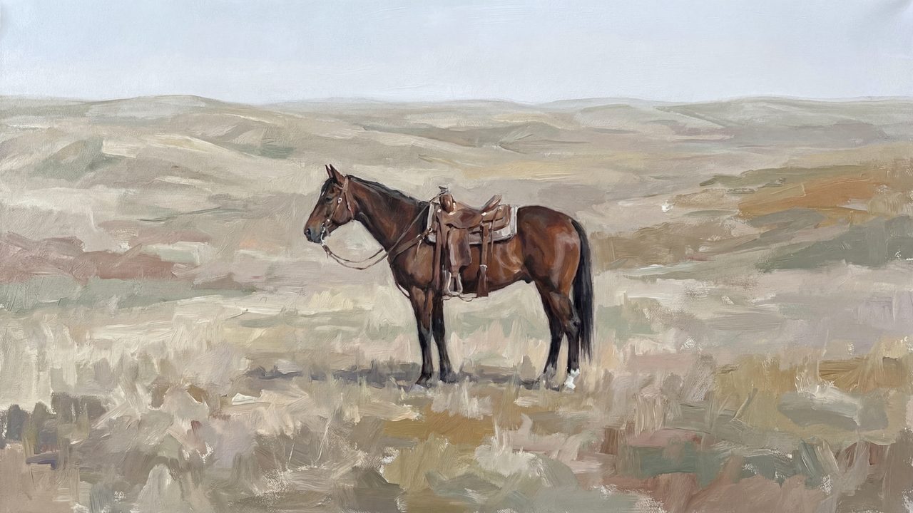 Vintage Frame TV Art, Antique Landscape Oil Painting (Saddled Horse in Meadow)