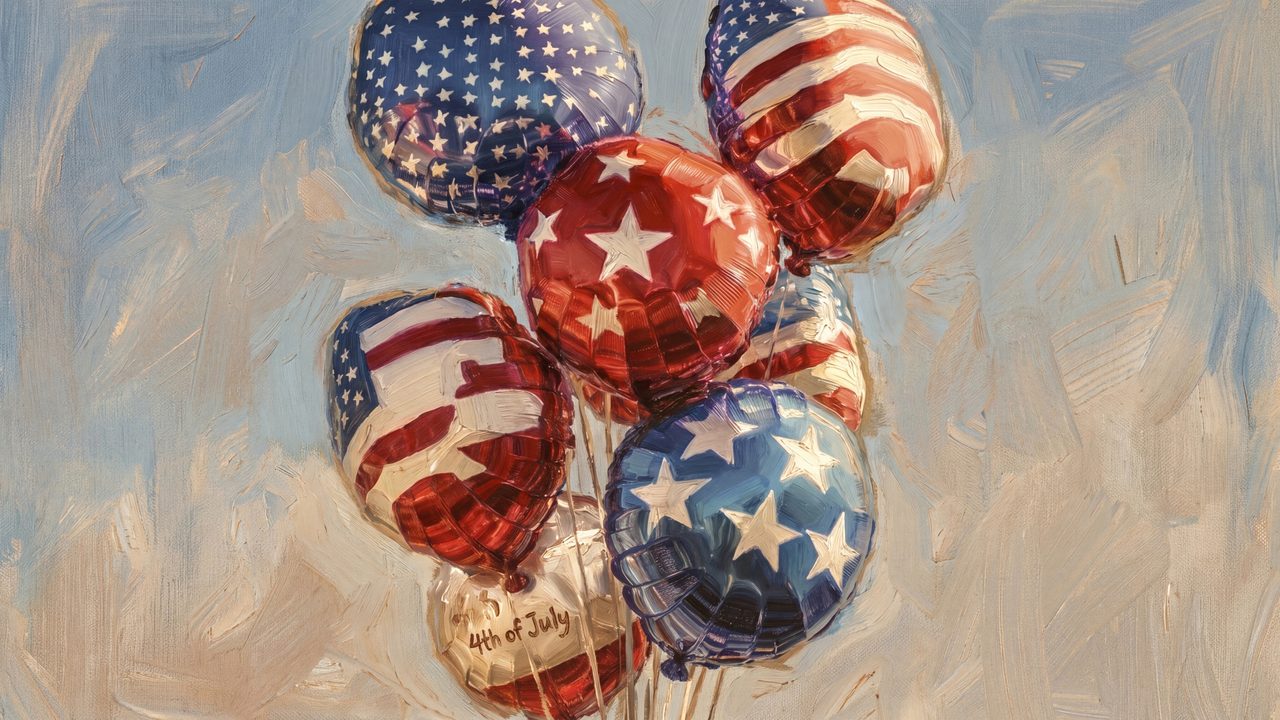 4th of July Frame TV Art, Patriotic American Oil Painting (Patriotic Balloon Bouquet)