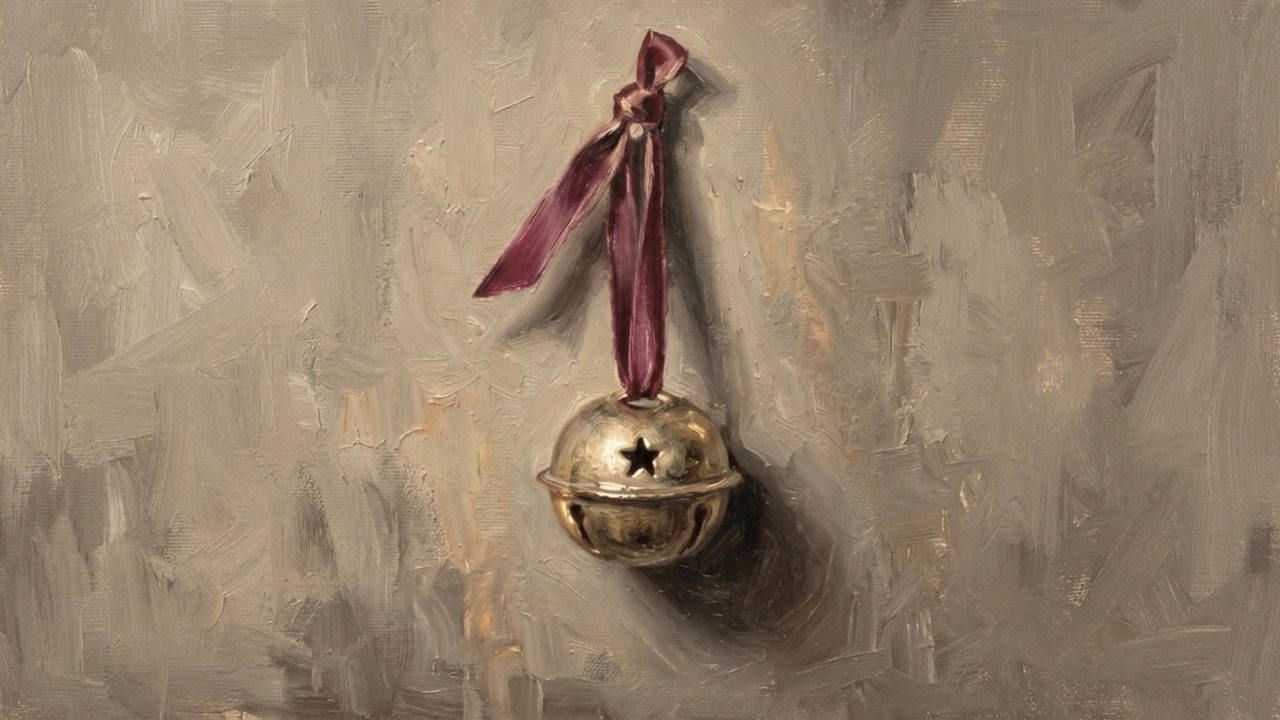 Christmas Frame TV Art, Vintage Holiday Oil Painting (Jingle Bell on Ribbon)