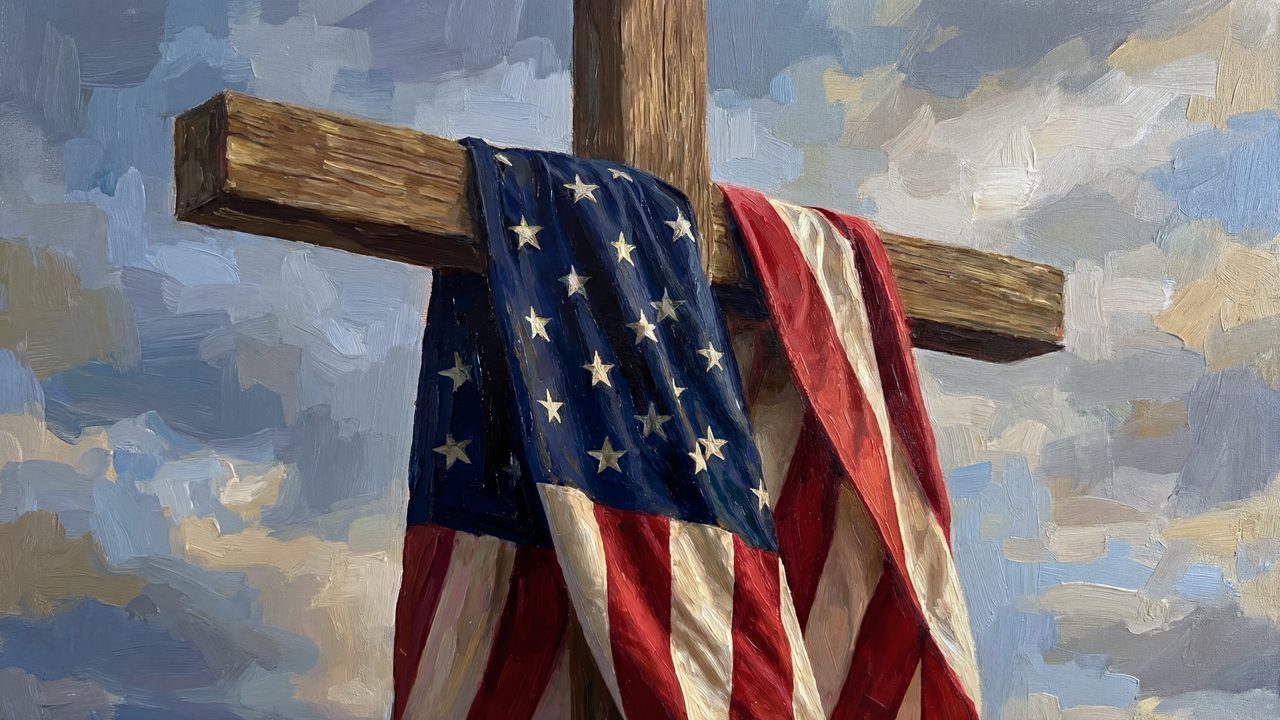 4th of July Frame TV Art, Patriotic American Oil Painting (Flag Draped on Wooden Cross)
