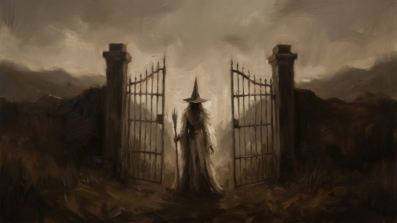 Fall Frame TV Art, Vintage Autumn Oil Painting (Witch at Iron Cemetery Gate)