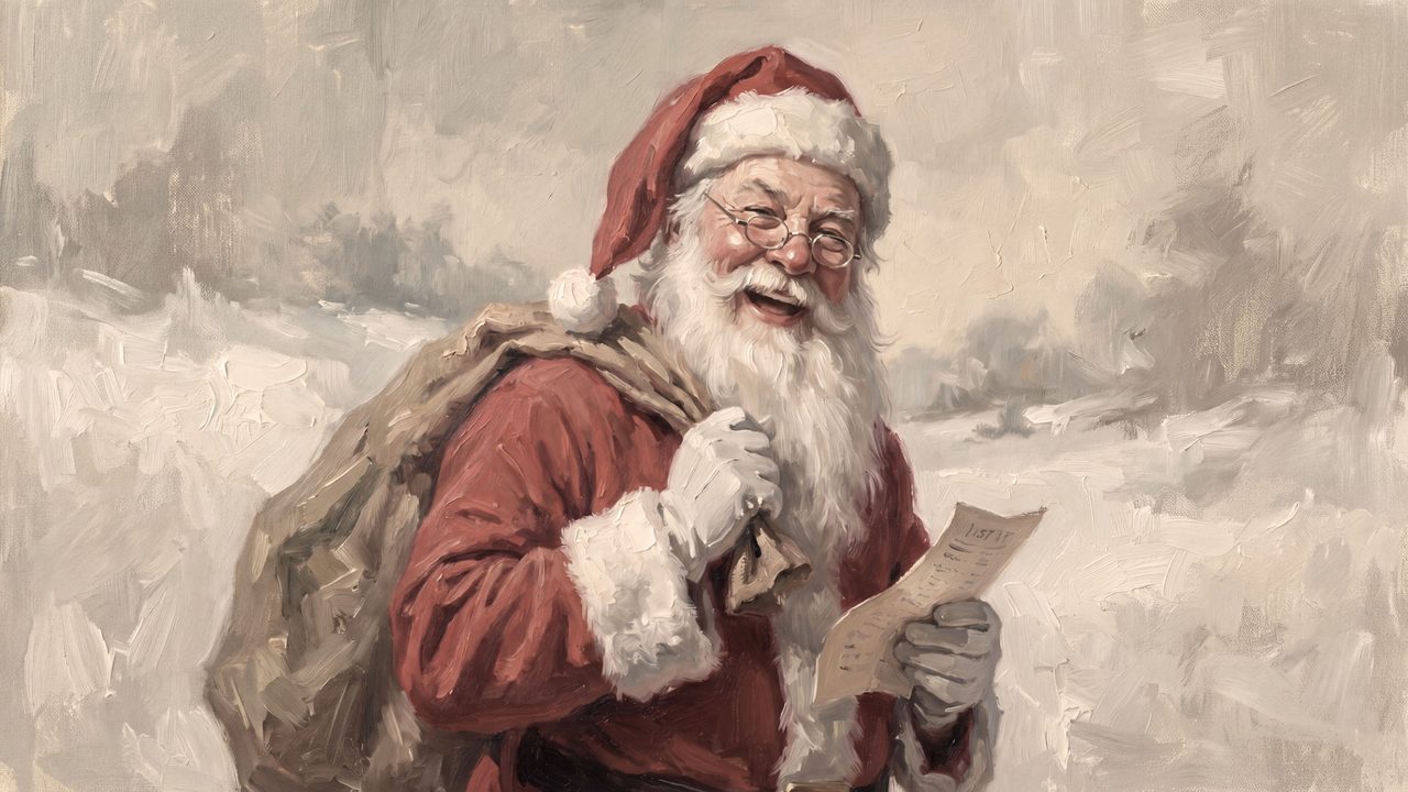Christmas Frame TV Art, Vintage Holiday Oil Painting (Santa Reading List)