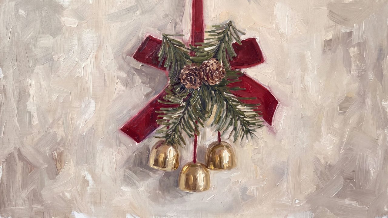 Christmas Frame TV Art, Vintage Holiday Oil Painting (Pine Bough with Gold Bells)
