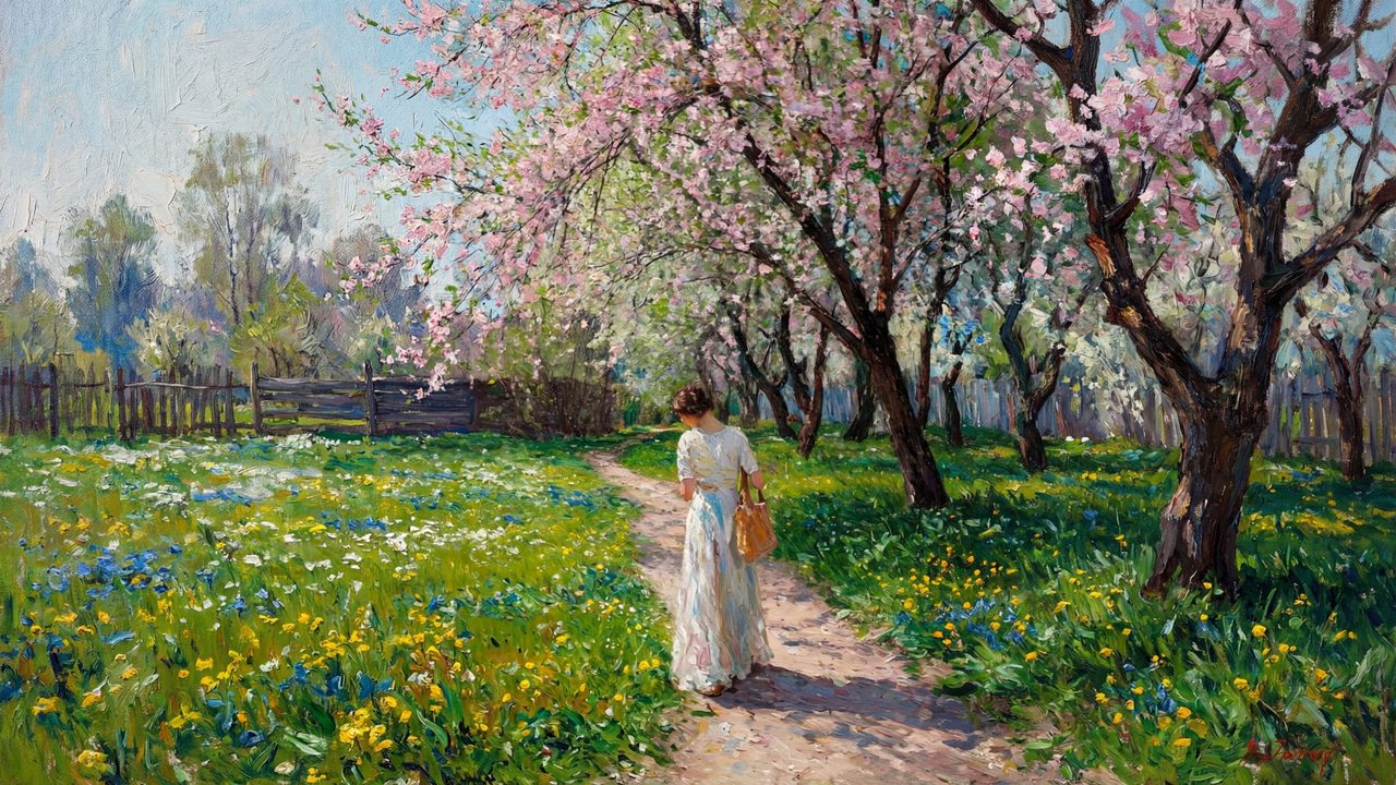 Spring Frame TV Art, Vintage Floral Landscape Oil Painting (Woman in Blossom Orchard)