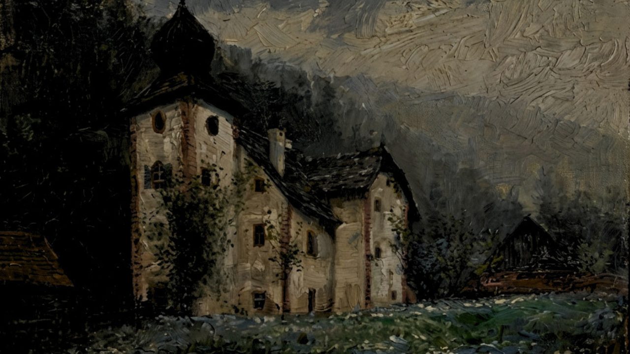 Dark Academia Frame TV Art, Moody Vintage Oil Painting (Old Stone Manor in Forest)