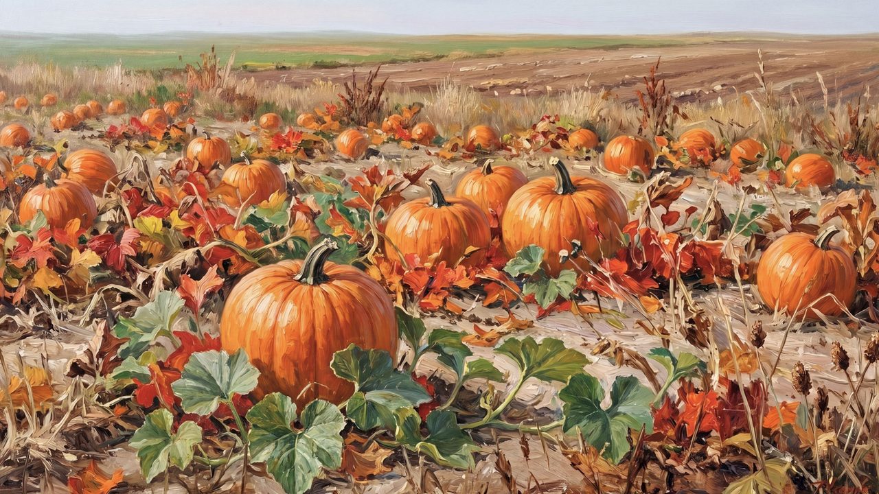 Fall Frame TV Art, Vintage Autumn Oil Painting (Pumpkin Patch Field)