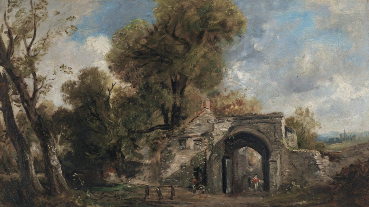 Vintage Frame TV Art, Antique Landscape Oil Painting (Stone Archway in Woods)