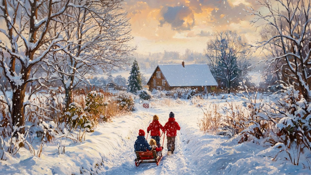 Christmas Frame TV Art, Vintage Holiday Oil Painting (Children Pulling Sled)