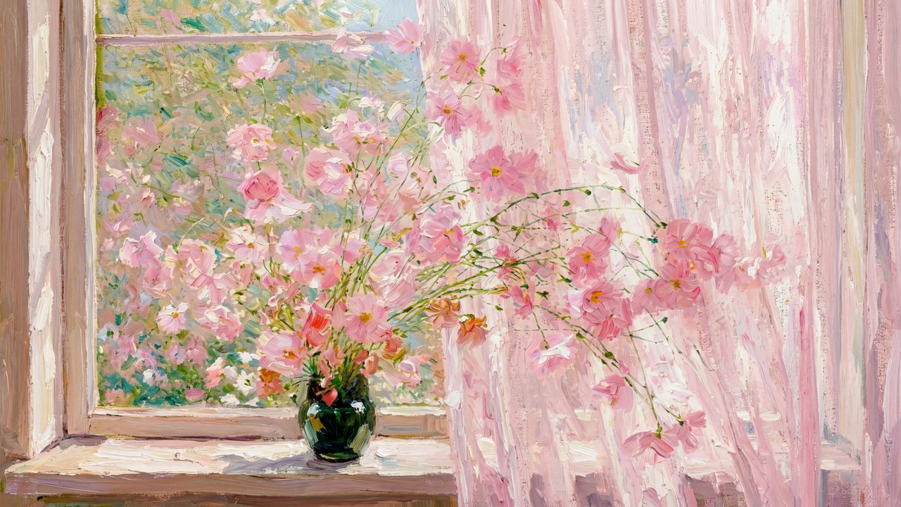 Spring Frame TV Art, Vintage Floral Landscape Oil Painting (Pink Flowers by Curtained Window)