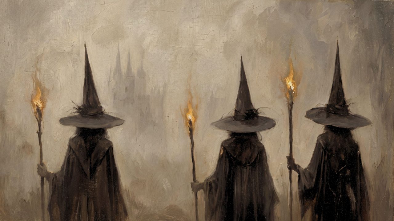 Halloween Frame TV Art, Vintage Moody Oil Painting (Witches with Torches)