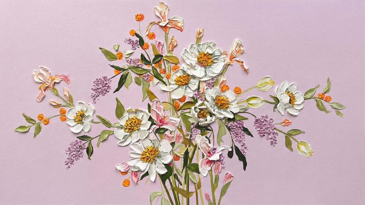 Spring Frame TV Art, Vintage Floral Landscape Oil Painting (Delicate Flower Sprig on Pink)