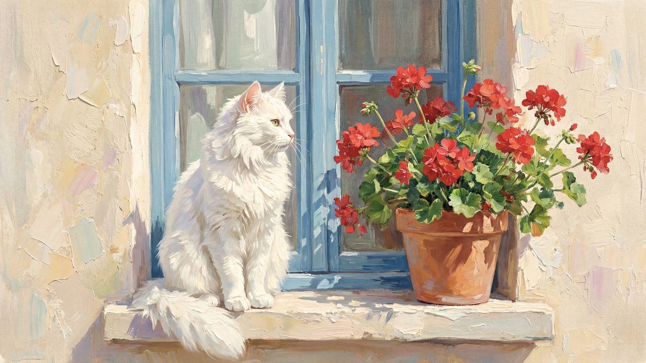 Spring Frame TV Art, Vintage Floral Landscape Oil Painting (White Cat by Geranium Window)