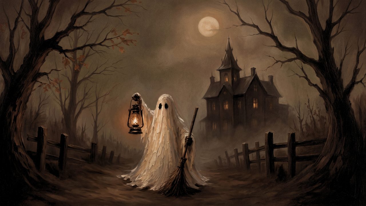 Fall Frame TV Art, Vintage Autumn Oil Painting (Ghost with Lantern by Haunted House)
